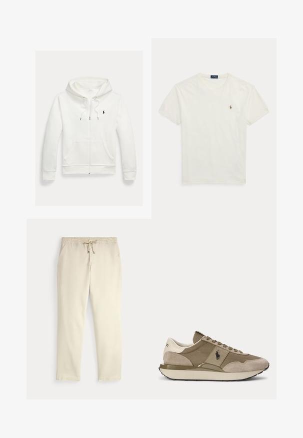 Sweat à capuche blanc zippé avec poches avant et petit logo noir Polo Ralph Lauren sur le côté gauche de la poitrine.; T-shirt blanc en coton à manches courtes avec col rond, petit logo brodé Polo Ralph Lauren sur la poitrine gauche.; Pantalon décontracté off-white avec taille élastique et cordon de serrage, jambes droites et poches latérales sur un fond uni.; Vue latérale d'une basket beige et marron avec des accents en daim et le logo Polo sur le côté, sur un fond uni.
