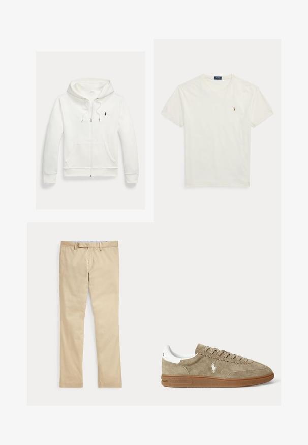 Weißes Kapuzen-Sweatshirt mit Reißverschluss, Fronttaschen und kleinem schwarzem Polo Ralph Lauren Logo auf der linken Brust.; Weißes kurzärmeliges Baumwoll-T-Shirt mit Rundhalsausschnitt, kleinem besticktem Polo Ralph Lauren Logo auf der linken Brust.; Beige gerade Hose mit Gürtelschlaufen und einem vorderen Reißverschluss, flach auf weißem Hintergrund gelegt.; Beiger Wildleder-Sneaker in niedrigem Schnitt mit brauner Sohle, weißem Fersendetail, Schnürsenkeln und weißem, seitlich gesticktem Polo-Spieler-Logo.