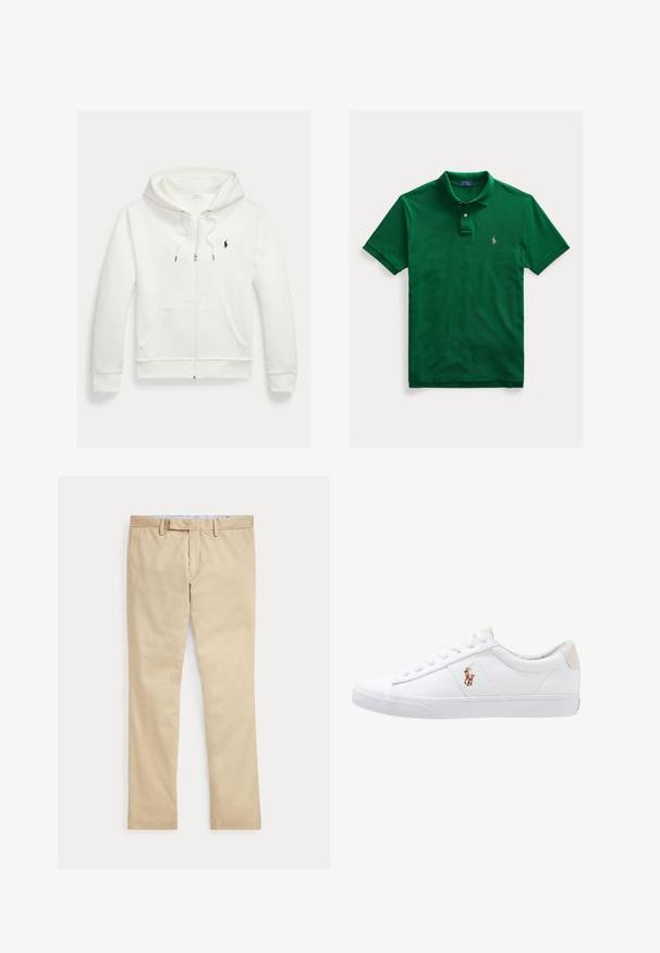 Witte capuchontrui met rits, frontzakken en een klein zwart Polo Ralph Lauren-logo op de linkerborst.; Groene polo met korte mouwen, twee knopen en klein paars geborduurd logo op de linkerborst.; Beige broek met rechte pijpen, ceintuurlussen en een voorrits, plat gelegd tegen een witte achtergrond.; Witte canvas sneakers met een laag ontwerp, featuring een beige hieltab en een klein geborduurd logo aan de zijkant. Rubber zool.