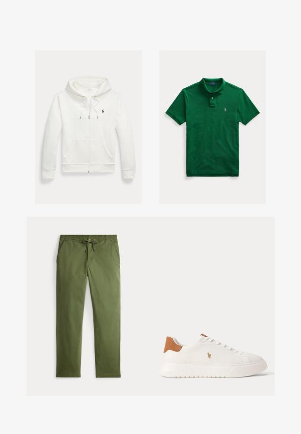 Valge lukuga kapuutsiga dressipluus esistaskute ja vasakul rinnal oleva väikese musta Polo Ralph Laureni logoga.; Roheline lühikeste varrukatega polosärk, kahe nööbi ja vasakul rinnal väikese lilla tikitud logoga.; Meeste oliivrohelised vabaaja püksid, millel on elastne vöökoht, nööriga kinni tõmbamine, nööp sulgemine ja küljetaskud, asetatud tasasele valgel taustale.; Valged madala säärega tossud, pruun kannaosa, valged paelad ja väike tikandiga polo mängija logo külje peal paksu taldmiku kohal.