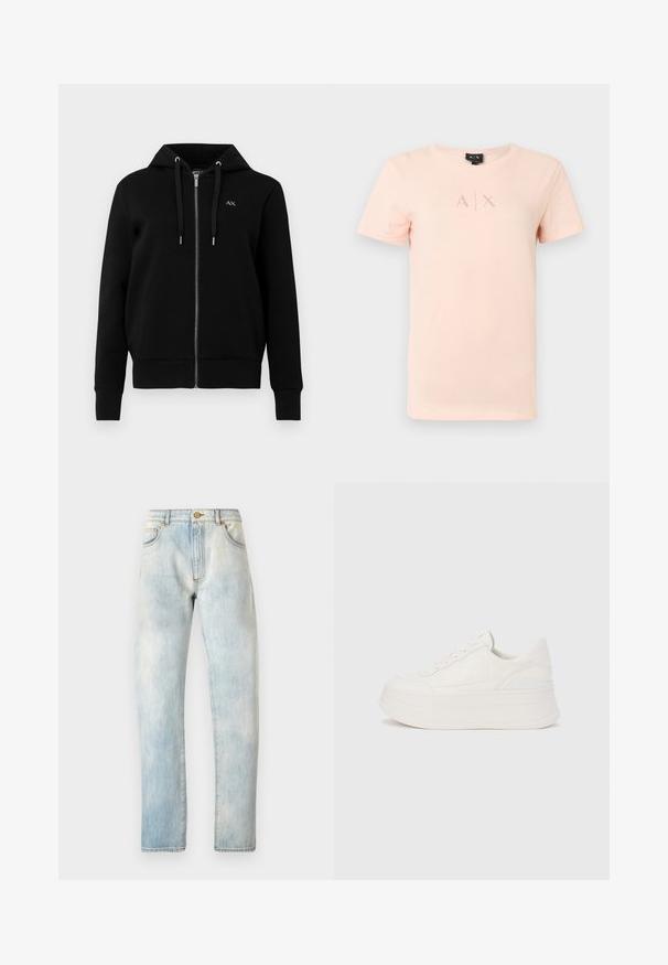 Sweat à capuche noir zippé en tissu mélangé de coton. Il dispose d'une capuche avec cordon de serrage, de poignets côtelés et d'un petit logo sur la poitrine gauche.; T-shirt à manches courtes rose clair avec logo A|X en petite police discrète centré sur la poitrine, col ras du cou et design simple.; Jean en denim bleu clair avec une coupe droite, cinq poches et une fermeture à bouton. Texture délavée sur toute la surface, avec des coutures détaillées sur les bords.; Baskets à plateforme blanches dotées d'une tige texturée, d'un bout arrondi et d'une fermeture à lacets. Matière lisse avec une couleur uniforme et un marquage minimal.