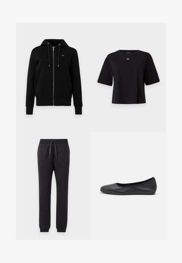 Sweat à capuche noir zippé en tissu mélangé de coton. Il dispose d'une capuche avec cordon de serrage, de poignets côtelés et d'un petit logo sur la poitrine gauche.; T-shirt noir à manches courtes en coton avec une coupe décontractée, arborant un logo doré "AX" centré sur la poitrine.; Jogging en noir en coton doux avec une taille élastique et un cordon de serrage. Comprend des poignets côtelés et un texte brodé sur le côté.; Ballerines en cuir noir avec un bout rond, texture lisse, détails de couture minimalistes et design de semelle flexible.