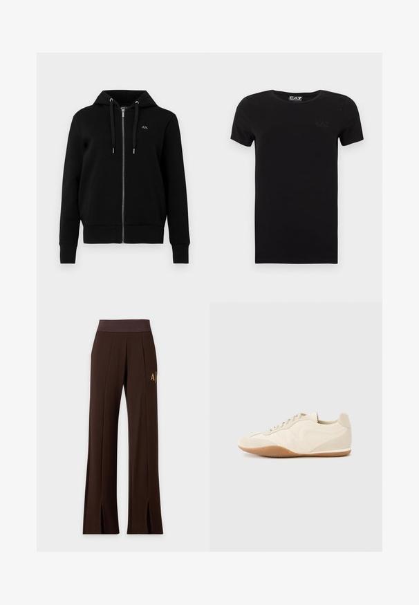 Sort zip-hoodie lavet af en bomuldsblandingsstof. Har en hætte med snor, ribbede manchetter og et lille logo på venstre bryst.; Sort kortærmet T-shirt i bomuld med rund hals, med et diskret logo på brystet. Glat tekstur, tætsiddende design.; Mørkebrune vidde bukser med elastisk talje, forstykker, sidelogo og frontsplits ved kanten.; Lyse beige sneakers med en tekstureret læderoverdel, teksturerede sider og en gummisål. Har et slankt, strømlinet design og flade snørebånd.