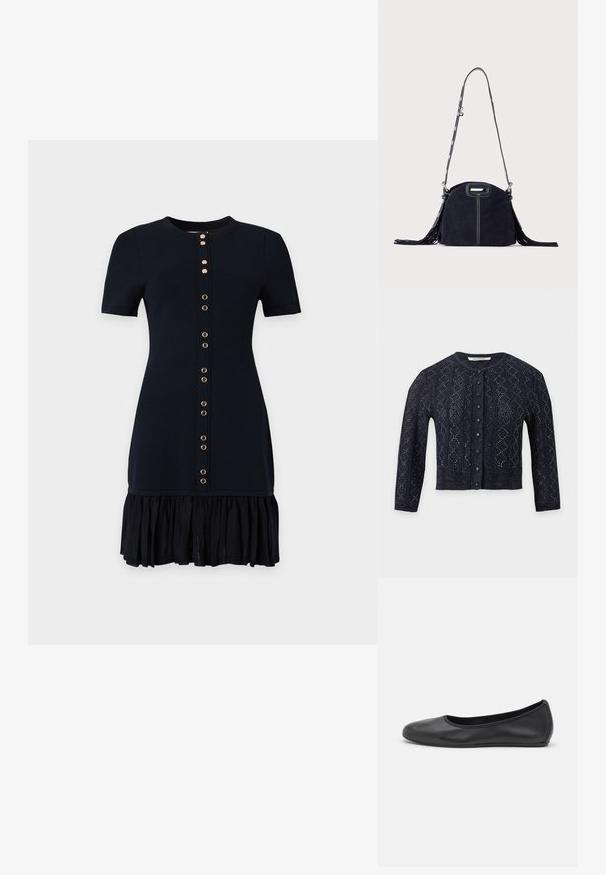 Μαύρο πλεκτό crop cardigan με μακριά μανίκια, στρογγυλή λαιμόκοψη και κουμπιά μπροστά, με λεπτή σχεδιασμένη υφή.; Μαύρο κοντό φόρεμα με κοντά μανίκια, λεπτομέρειες με κουμπιά μπροστά και βολάν στο τελείωμα, πάνω σε απλό φόντο.; Μαύρο δερμάτινο μπαλαρίνι με στρογγυλή μύτη, λεία υφή, ελάχιστες λεπτομέρειες ραφής και σχεδίαση ευέλικτης σόλας.; Τσάντα από σκούρο μπλε σουέτ με λευκά ραμμένα ρύχια, λαβή με κοψίματα, διακοσμητικό ιμάντα ώμου και μακριές φούντες και στις δύο πλευρές.