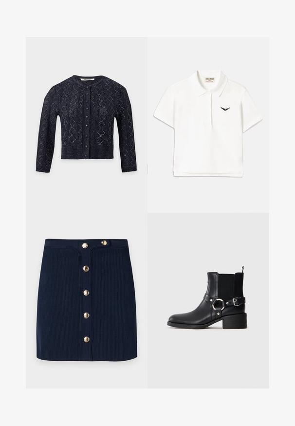 Μαύρο πλεκτό crop cardigan με μακριά μανίκια, στρογγυλή λαιμόκοψη και κουμπιά μπροστά, με λεπτή σχεδιασμένη υφή.; Λευκό μπλουζάκι πόλο κοντομάνικο, με μαύρο λογότυπο φτερού στο αριστερό στήθος και κλασικό γιακά. Απαλή υφή.; Μίνι φούστα από ριμπ πλεκτό ύφασμα σε ναυτικό μπλε με ψηλή μέση και εμπρόσθια σειρά από έξι κουμπιά σε χρυσαφί τόνο.; Μαύρη δερμάτινη μπότες αστράγαλου με πλευρικό γάντζο και λεπτομέρεια δακτυλίου, ελαστική πλευρική επένδυση, χαμηλό τακούνι και λαβή στην πλάτη, σε επίπεδο φόντο.