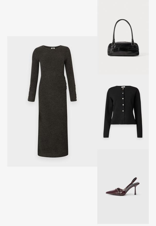 Zwarte cardigan met lange mouwen en ronde halslijn, voorzien van zes zilverkleurige knopen aan de voorkant, iets getailleerd bij de taille.; Langsleeve, donkergrijs geribbeld jurkje met een aansluitende silhouet en zijruche. Kenmerkt knopenaccenten op de mouwen, zachte textuur.; Bordeauxrode lakleren slingback met puntige neus, dunne enkelband en kleine decoratieve gespsluiting. Gladde textuur en hoge hak.; Zwarte leren handtas met een rechthoekige vorm, voorzien van een enkele gestructureerde handgreep, zilveren hardware en ritsluiting. Gladde textuur.