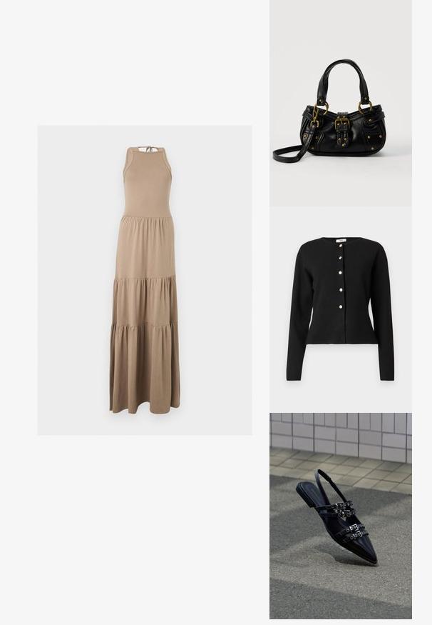 Gilet noir à manches longues avec col rond et six boutons en argent sur le devant, légèrement cintré à la taille.; Robe maxi beige sans manches avec un lien noué au cou et une jupe froncée à trois niveaux, présentée sur un fond uni.; Sandale plate noire à bout pointu avec plusieurs sangles à boucle et un talon arrière, positionnée au-dessus d'une surface pavée et d'un mur carrelé en arrière-plan.; Sac à main en cuir noir avec boucle dorée et détails à rivets, poignées courtes et bandoulière réglable sur fond blanc uni.