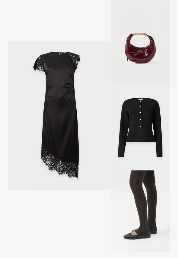 Gilet noir à manches longues avec col rond et six boutons en argent sur le devant, légèrement cintré à la taille.; Robe noire en satin avec des manches courtes en dentelle et un ourlet asymétrique bordé de dentelle noire assortie. Aucun objet visible à l’arrière-plan.; Jambes portant des leggings côtelés foncés associés à des ballerines noires avec de petits détails en nœud sur fond blanc.; Sac à main en simili cuir bordeaux avec une forme arrondie, des détails froncés et une anse en métal doré. Texture lisse et finition brillante.