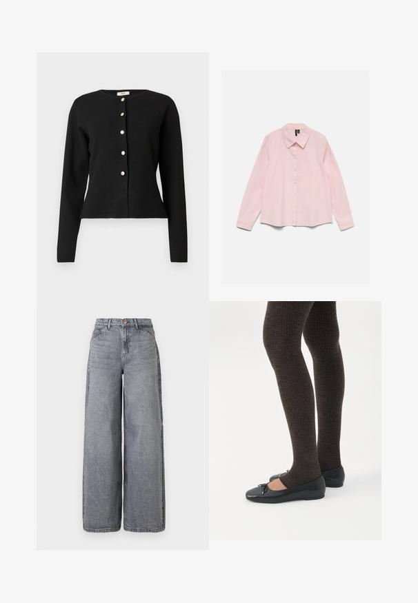 Gilet noir à manches longues avec col rond et six boutons en argent sur le devant, légèrement cintré à la taille.; Chemise rose clair à manches longues avec col et boutons, étalée à plat sur un fond blanc.; Jean en denim à jambes larges dans un délavé gris, avec cinq poches, une fermeture à bouton et une texture douce avec des détails de whiskering subtils.; Jambes portant des leggings côtelés foncés associés à des ballerines noires avec de petits détails en nœud sur fond blanc.