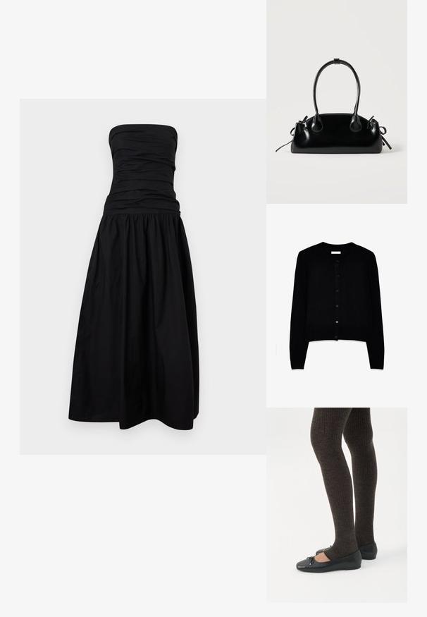 Cardigan negro hecho de una suave tela de punto, con cuello redondo, mangas largas y un cierre frontal de botones con seis botones a juego.; Vestido midi negro sin tirantes con corsé fruncido y falda amplia recogida, mostrado sobre un fondo liso gris claro.; Piernas con leggings oscuros acanalados combinados con bailarinas negras que presentan pequeños detalles de lazo sobre un fondo blanco.; Pequeño bolso negro brillante con dos asas largas y detalles de cordón lateral sobre un fondo claro liso.
