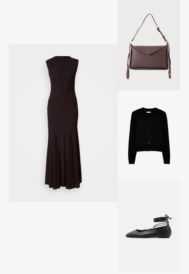 Cardigan negro hecho de una suave tela de punto, con cuello redondo, mangas largas y un cierre frontal de botones con seis botones a juego.; Un vestido negro sin mangas con un cuello alto, detalles fruncidos en un lado y una falda acampanada. Hecho de una tela suave y elástica.; Zapato de ballet plano de cuero negro con punta puntiaguda, múltiples tiras finas en la parte superior y cordones que se atan alrededor del tobillo.; Bolso de hombro rectangular de color marrón oscuro con solapa tipo sobre y correa ajustable, con largos flecos a cada lado.