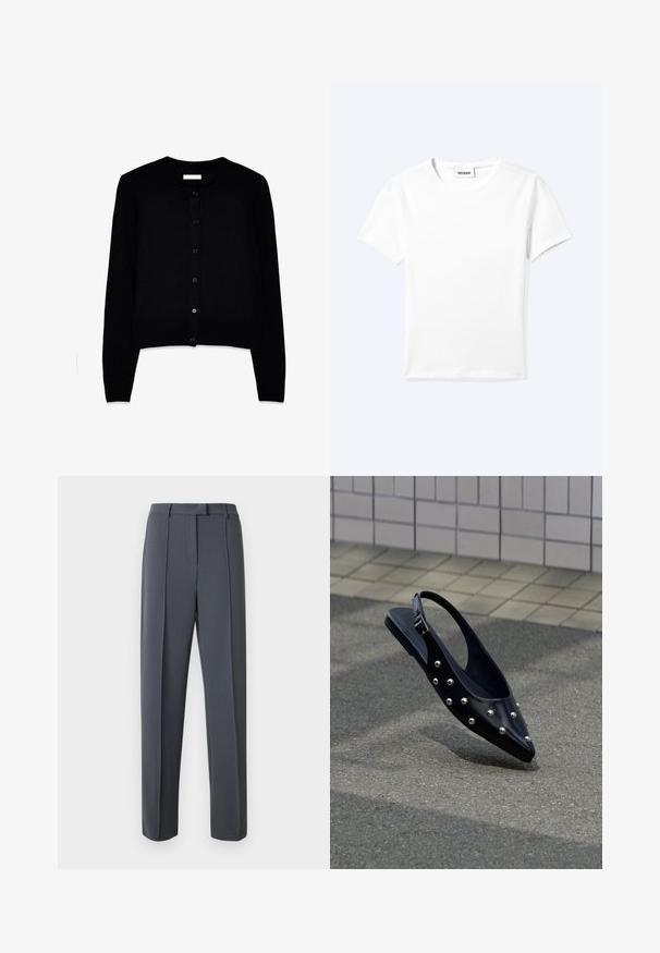 Cardigan negro hecho de una suave tela de punto, con cuello redondo, mangas largas y un cierre frontal de botones con seis botones a juego.; Camiseta blanca lisa de manga corta con cuello redondo y una pequeña etiqueta "WEEKDAY" dentro del cuello, mostrada extendida sobre un fondo claro.; Pantalones grises a medida con diseño de pierna recta, delantero plisado y textura suave. La cintura incluye trabillas para cinturón para un ajuste adaptable.; Zapato slingback negro puntiagudo con tachuelas plateadas, flotando sobre el asfalto cerca de una pared con azulejos de fondo.