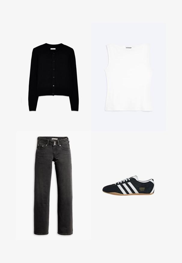 Cardigan negro hecho de una suave tela de punto, con cuello redondo, mangas largas y un cierre frontal de botones con seis botones a juego.; Camiseta sin mangas blanca ajustada con escote redondo y diseño minimalista, etiquetada como "WEEKDAY" en el interior del cuello.; Jeans negros de pierna recta con bolsillos delanteros y traseros, trabillas para cinturón y cierre de doble botón en la cintura.; Zapatillas de ante negro con tres franjas blancas, logotipo dorado y suela de goma marrón. Presentan un diseño de cordones de perfil bajo.