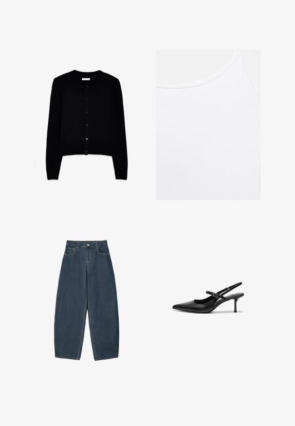 Zwarte cardigan van zacht breiwerk, met een ronde hals, lange mouwen en een voorste knoopsluiting met zes bijpassende knopen.; Effen witte tanktop met ronde halslijn en zichtbare stiksels langs de randen.; Donkerblauwe denim wijde broek met hoge taille, voorzien van vijf zakken en zichtbare stikseldetails. Schoon, minimaal ontwerp.; Zwarte leren slingback hakken met een puntige neus, slanke verstelbare band en een ongeveer 5 cm hoge stiletto hak, met een gladde textuur.