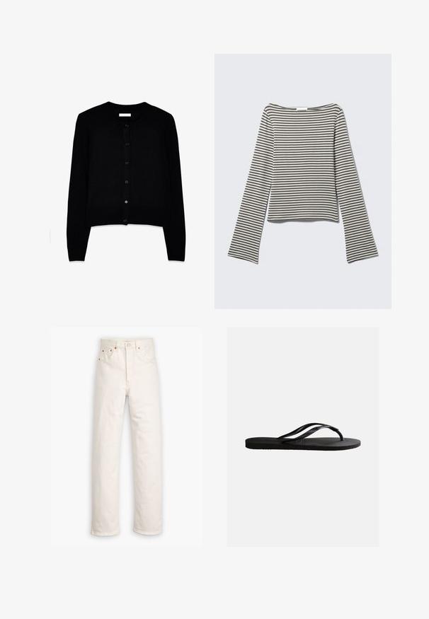 Zwarte cardigan van zacht breiwerk, met een ronde hals, lange mouwen en een voorste knoopsluiting met zes bijpassende knopen.; Lange mouwen, cropped top in gedempte grijs- en wit horizontale strepen, gemaakt van zachte stof met een brede, bootstijl halslijn en uitlopende mouwen.; Witte denim jeans met een recht gesneden ontwerp, vijf zakken en koperen hardware accenten. Afgeronde zoom aan de enkels.; Zwarte rubberen teenslipper met een gestructureerd voetbed en dunne Y-vormige bandjes op een effen witte achtergrond.