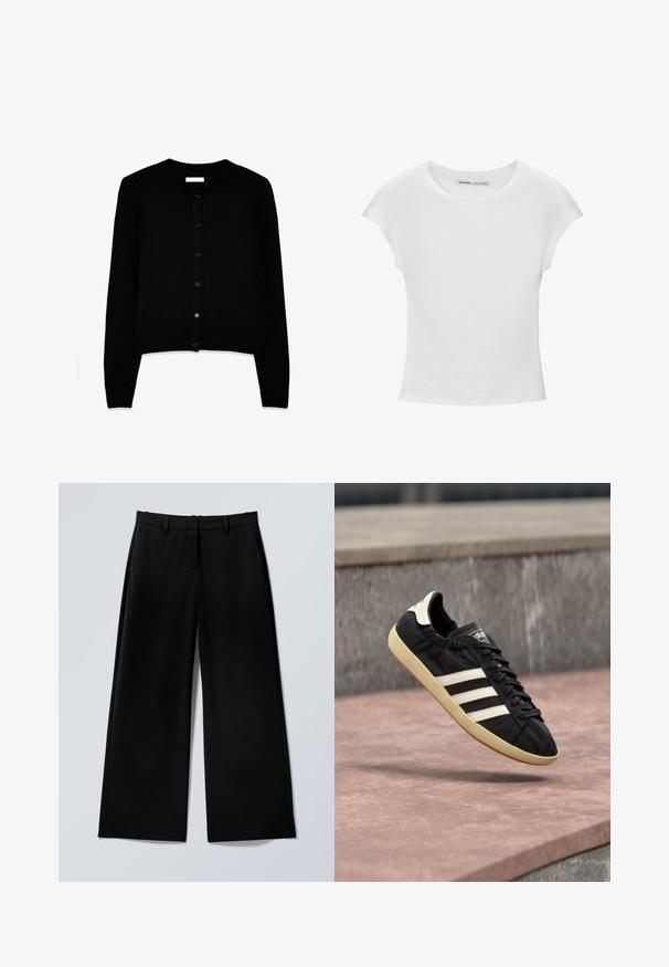 Sort cardigan lavet af blødt strikstof, med rund hals, lange ærmer og en frontlukning med seks matchende knapper.; Hvid bomuld t-shirt med korte, opsmøgede ærmer, rund halsudskæring og lige kant. Glat tekstur uden synlige mønstre eller detaljer.; Sorte bukser med vide ben, bæltestropper og sidelommer, lagt fladt på en lysegrå baggrund.; Sort Adidas sneaker med hvide striber og beige sål, fanget i luften over en stenet overflade og baggrund af en stenmur.