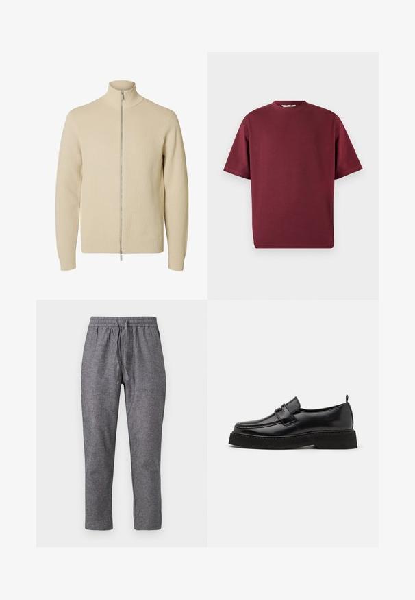 Beige striktrøje med fuld lynlås med ribkant ved kant, manchetter og krave, med en tovejs sølvlynlås foran.; Vinrød T-shirt med korte ærmer og rund hals i afslappet pasform vist på en ensfarvet lys grå baggrund.; Grå afslappede bukser med elastisk taljebånd og snøre, lige ben pasform, lavet af blødt tekstureret stof.; Sorte læder loafersko i stil med flad, tekstureret sål, med en syet tå og en rem over vristen.