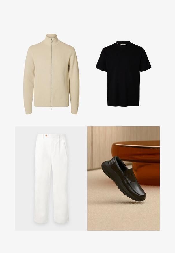 Beige striktrøje med fuld lynlås med ribkant ved kant, manchetter og krave, med en tovejs sølvlynlås foran.; Sort kortærmet T-shirt med rund hals og enkelt design, vist på hvid baggrund.; Hvide bomuldsbukser med lige snit, der har to frontfolder, en enkelt knaplukning og sidelommer. Glat tekstur.; Sort læderloafer med tyk sål, vist over beige tæppe og nær en rund bordfod i ravfarve.