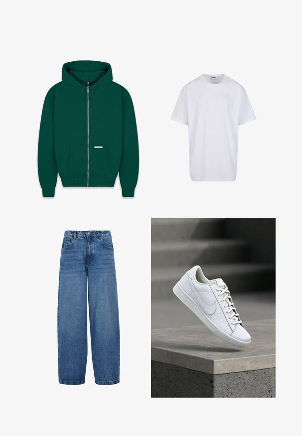 Haut à capuche zippé vert foncé en tissu doux. Comprend une poche avant, des poignets et un ourlet côtelés, ainsi qu'une capuche doublée. Petite étiquette de marque visible.; T-shirt blanc uni en coton à manches courtes avec col rond et étiquette de taille et de marque visible à l'intérieur du col.; Jean à jambes larges en denim bleu moyen. Il présente une taille haute, un design classique à cinq poches et un léger dégradé le long des jambes. Ourlet standard.; Baskets blanches en cuir avec lacets et logo Nike swoosh flottant au-dessus d'un rebord en béton dans un environnement extérieur.