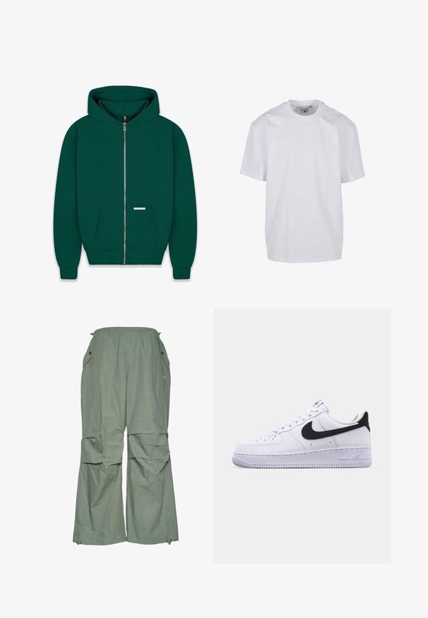 Haut à capuche zippé vert foncé en tissu doux. Comprend une poche avant, des poignets et un ourlet côtelés, ainsi qu'une capuche doublée. Petite étiquette de marque visible.; T-shirt blanc uni à manches courtes et col rond, avec un petit logo discret sur la poitrine gauche et une étiquette à l’intérieur du col.; Pantalons cargo verts clairs, amples, avec une taille à cordon de serrage, des poches latérales et des jambes larges. Fabriqués en tissu léger avec une texture froissée.; Sneaker en cuir blanc avec un Swoosh noir texturé, des lacets plats et une semelle en caoutchouc avec un motif strié. "AIR" est embossé sur le talon.