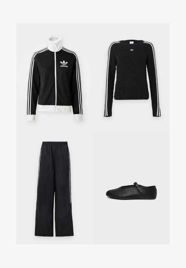 Zwarte zip-up jack met hoge kraag, wit Adidas-logo en drie witte strepen langs de mouwen, vervaardigd uit glad, ademend materiaal.; Zwarte gebreide trui met een gestructureerd oppervlak, lange mouwen, een ronde hals en witte zijstrepen met een geborduurd logo op de borst.; Zwarte, wijduitlopende trainingsbroek met elastische tailleband en drie witte strepen aan elke zijkant van de pijpen.; Zwarte leren Mary Jane platte schoen met een enkele band en kleine geperforeerde stippen aan de zijkant, getoond op een effen lichtgrijze achtergrond.