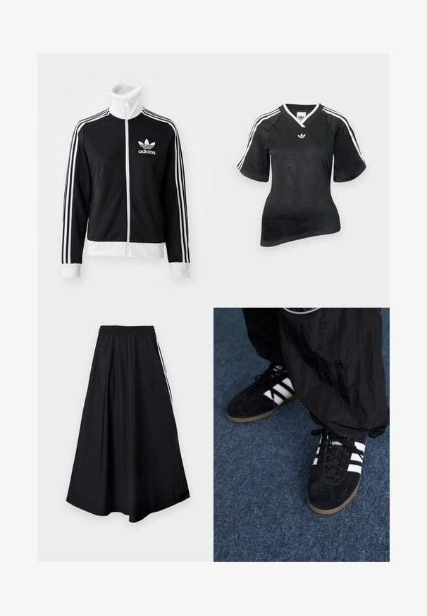 Schwarze Zip-Jacke mit hohem Kragen, weißem Adidas-Logo und drei weißen Streifen an den Ärmeln, aus glattem, atmungsaktivem Material.; Schwarzes Sportshirt mit V-Ausschnitt, kurzen Ärmeln und strukturiertem Chevron-Muster. Mit weißen drei-Streifen-Akzenten auf den Schultern und Logo.; Schwarze weit geschnittene Hose mit elastischem Bund und weißen Seitenstreifen, vor einem schlichten weißen Hintergrund präsentiert.; Schwarze Wildleder-Sportschuhe mit drei weißen Streifen und schwarzen Schnürsenkeln. Eine strukturierte schwarze Hose ist teilweise neben den Schuhen sichtbar.