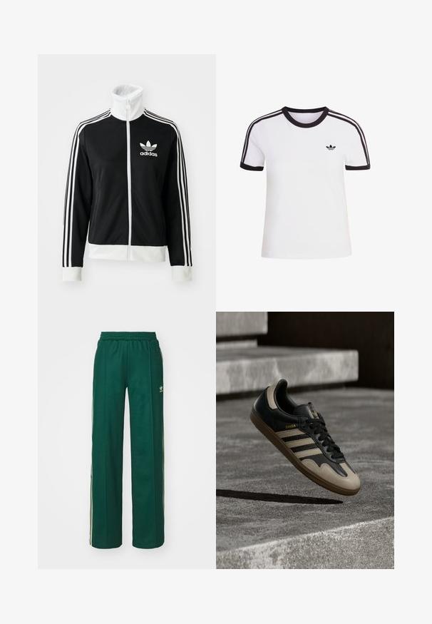 Schwarze Zip-Jacke mit hohem Kragen, weißem Adidas-Logo und drei weißen Streifen an den Ärmeln, aus glattem, atmungsaktivem Material.; Weißes kurzärmliges T-Shirt mit schwarzen Akzenten, mit rundem Ausschnitt und drei schwarzen Streifen auf jeder Schulter. Kleines schwarzes Logo auf der Brust.; Dunkelgrüne Sporthose mit lockerer Passform, ausgestattet mit einem Kordelzugbund, Seitentaschen und cremefarbenen Streifen an den Seiten.; Schwarzer und beiger Ledersneaker mit drei weißen Streifen, tannengrüner Gummisohle und goldener "Samba"-Detailierung an der Seite.