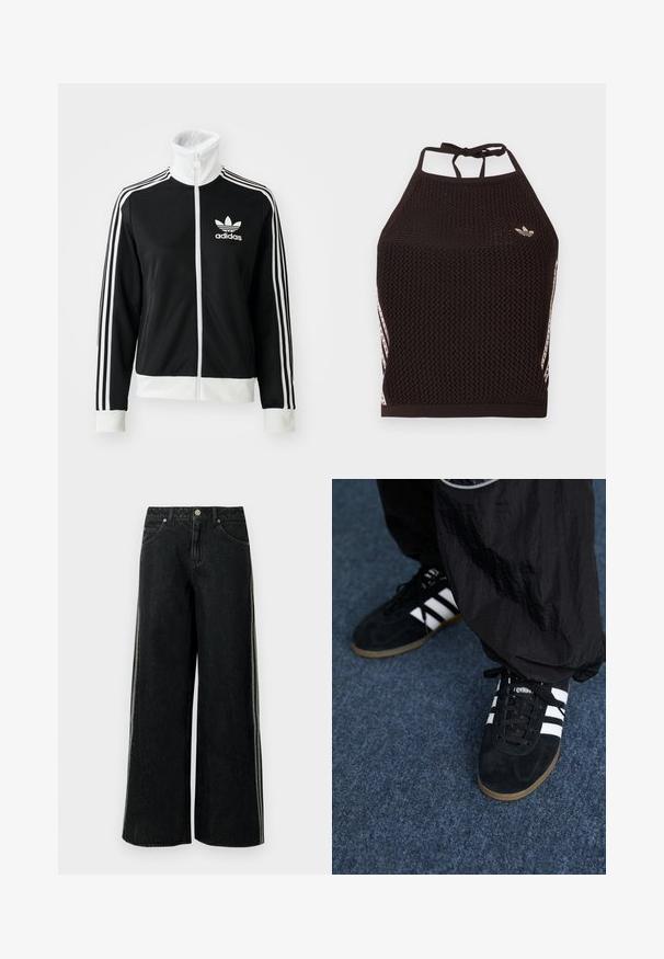 Chaqueta negra con cierre delantero, cuello alto, logo blanco de Adidas y tres franjas blancas en las mangas, hecha de un tejido liso y transpirable.; Top corto de malla negra tipo halter con un diseño texturizado. Cuenta con franjas de acento rosa y un pequeño logotipo en el frente. Cierre con lazada en la espalda.; Vaqueros negros de pierna ancha con franjas laterales, bolsillos delanteros, trabillas para cinturón y cierre de botón metálico en la cintura.; Zapatillas deportivas de ante negro con tres rayas blancas y cordones negros. Un pantalón negro texturizado es parcialmente visible al lado de las zapatillas.