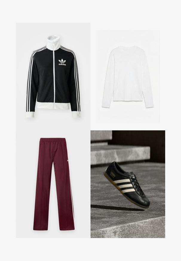 Schwarze Zip-Jacke mit hohem Kragen, weißem Adidas-Logo und drei weißen Streifen an den Ärmeln, aus glattem, atmungsaktivem Material.; Schlichtes weißes Langarm-T-Shirt mit Rundhalsausschnitt, flach auf einer weißen Oberfläche liegend, Vorderseite und gesamte Ärmellänge sichtbar.; Bordeauxrote Trainingshose mit elastischem Bund, seitlichen Reißverschlusstaschen, weißen Seitenstreifen und kleinem weißem Adidas-Logo am rechten Oberschenkel.; Schwarzer Leder-Sneaker mit weißem Drei-Streifen-Design, strukturierten Akzenten, schwarzen Schnürsenkeln und einer Gummisohle. Markenlogo auf der Zunge sichtbar.