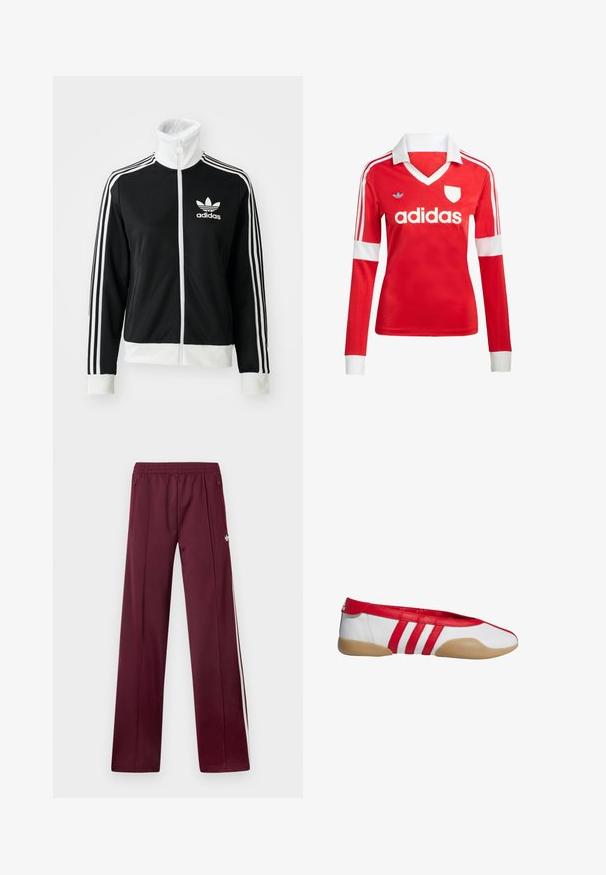 Čierna zipsová bunda s vysokým golierom, bielym logom Adidas a tromi bielymi pruhmi na rukávoch, vyrobená z hladkej, priedušnej tkaniny.; Červený futbalový dres s dlhým rukávom a bielym golierom a manžetami. Na ramenách sú tri biele pruhy a výrazne zobrazené logo "adidas".; Vínové teplákové nohavice s elastickým pásom, bočnými vreckami na zips, bielymi bočnými pruhmi a malým bielym logom Adidas na pravej stehne.; Červená a biela plochá obuv s okrúhlou špičkou, vyrobená z hladkého syntetického materiálu. Má tri červené pruhy a svetlohnedú gumovú podrážku.