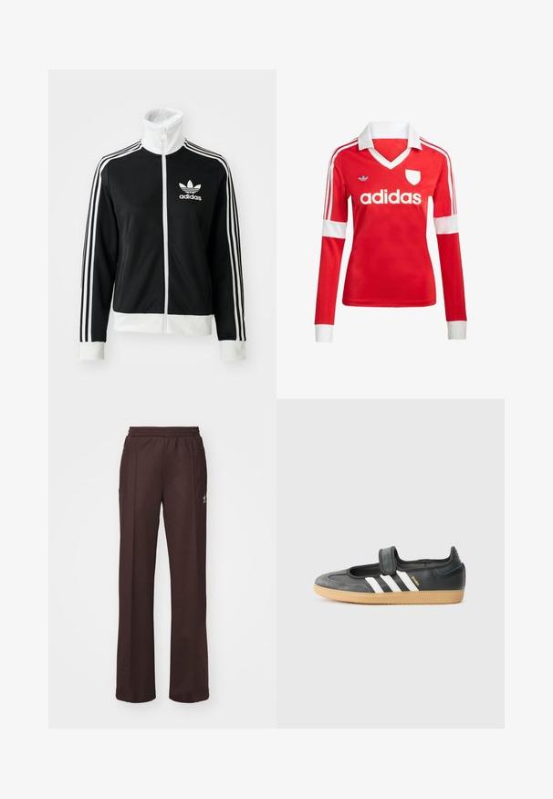 Schwarze Zip-Jacke mit hohem Kragen, weißem Adidas-Logo und drei weißen Streifen an den Ärmeln, aus glattem, atmungsaktivem Material.; Rotes Fußballtrikot mit langen Ärmeln, weißem Kragen und weißen Ärmelbündchen. Es hat drei weiße Streifen auf den Schultern und das "adidas"-Logo ist auffällig platziert.; Braune Sporthose mit einem elastischen Bund, zwei Seitentaschen und einem kleinen Logo auf der linken Seite, gefertigt aus weichem Stoff.; Schwarze Leder- und Wildledersneaker mit einem Klettverschluss, ausgestattet mit drei weißen Streifen und einer Gummisohle, beschriftet mit "SAMBA" an der Seite.