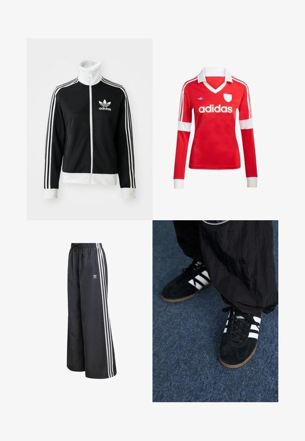 Schwarze Zip-Jacke mit hohem Kragen, weißem Adidas-Logo und drei weißen Streifen an den Ärmeln, aus glattem, atmungsaktivem Material.; Rotes Fußballtrikot mit langen Ärmeln, weißem Kragen und weißen Ärmelbündchen. Es hat drei weiße Streifen auf den Schultern und das "adidas"-Logo ist auffällig platziert.; Schwarze Sporthose aus leichtem Material, mit drei weißen vertikalen Streifen und einem elastischen Bund mit Kordelzug.; Schwarze Wildleder-Sportschuhe mit drei weißen Streifen und schwarzen Schnürsenkeln. Eine strukturierte schwarze Hose ist teilweise neben den Schuhen sichtbar.