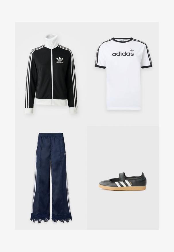 Sort zip-jakke med høj krave, hvid Adidas-logo og tre hvide striber ned ad ærmerne, lavet af glat, åndbart stof.; Hvid bomulds-T-shirt med sorte detaljer, har rundt halsudskæring, korte ærmer, tre sorte striber på skuldrene og adidas-logo i sort.; Marineblå vidbenede træningsbukser med hvide sidelommer, elastisk talje, adidas-logo på hoften og blondedetalje ved kanten.; Sort læder- og ruskinds sneakers med en Velcro-rem, der har tre hvide striber og en gummisål, mærket "SAMBA" på siden.