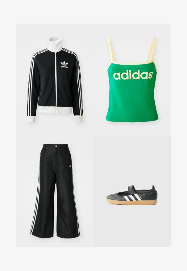 Chaqueta negra con cierre delantero, cuello alto, logo blanco de Adidas y tres franjas blancas en las mangas, hecha de un tejido liso y transpirable.; Top verde con detalles amarillos, hecho de material elástico. Presenta un gran logo de "adidas" amarillo en el frente y tirantes delgados.; Pantalones de denim anchos y negros con tres franjas blancas en cada lado y un pequeño logo blanco. Cuenta con bolsillos frontales y un cierre de botón.; Zapatilla de deporte de cuero negro y ante con una correa de Velcro, que presenta tres rayas blancas y una suela de goma, etiquetada "SAMBA" en el lateral.