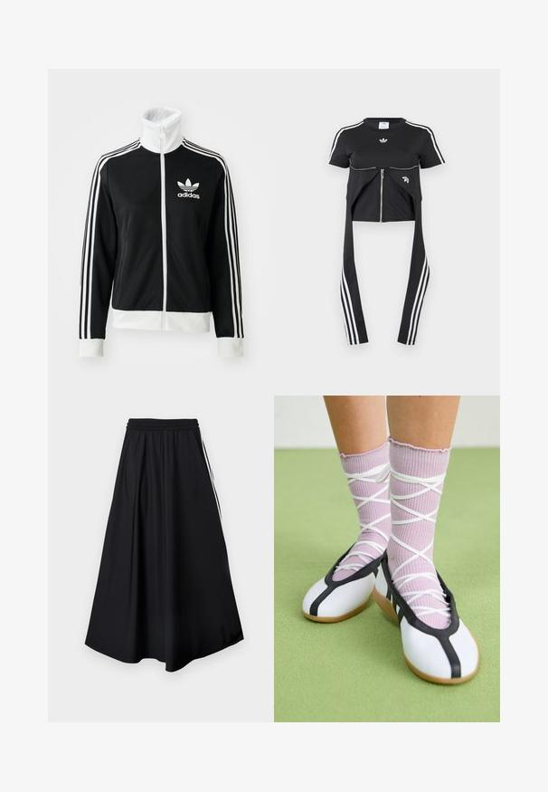 Zwarte zip-up jack met hoge kraag, wit Adidas-logo en drie witte strepen langs de mouwen, vervaardigd uit glad, ademend materiaal.; Zwart kort mouwtopje met witte Adidas-strepen op de mouwen, ritssluiting aan de voorkant en langere stofpanelen die naar beneden hangen met drie witte strepen.; Zwarte wijde broekspijpen met elastische tailleband en witte strepen aan de zijkant, weergegeven tegen een effen witte achtergrond.; Benen met geribbelde lavendelkleurige sokken met witte kruisbanden, gecombineerd met witte ballerina's met zwarte bies op een groene vloer.