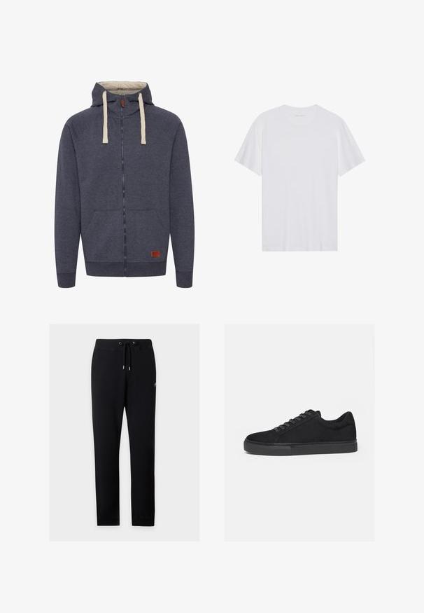 Heren hooded zip-up sweatshirt in donkergrijs fleece. Kenmerken zijn crèmekleurige trekkoorden, voorzakken en een klein bruin leren logo-patch.; Witte katoenen T-shirt met korte mouwen, een ronde hals en een gladde textuur. Heeft minimale branding op de halslijn.; Zwarte joggingbroek met trekkoord, elastische tailleband en boorden, getoond op een lichtgrijze achtergrond.; Zwarte lage sneaker met veterluiting aan de voorkant en platte rubberen zool, zijaanzicht op een witte achtergrond.