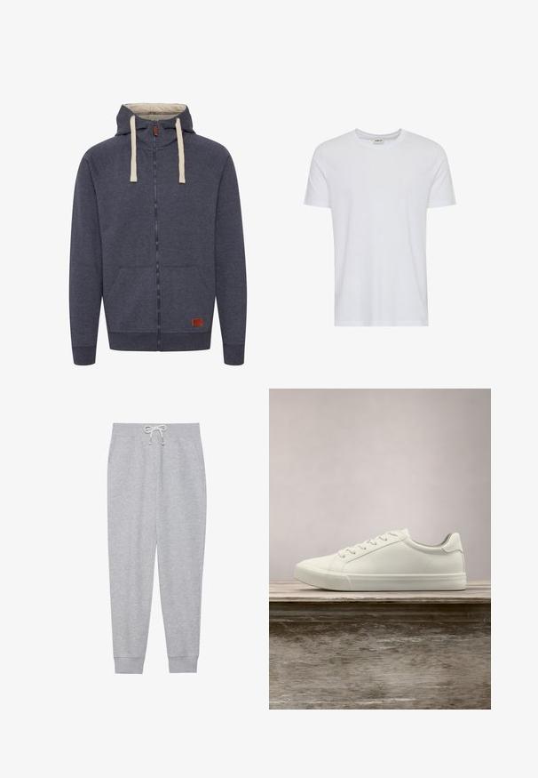 Heren hooded zip-up sweatshirt in donkergrijs fleece. Kenmerken zijn crèmekleurige trekkoorden, voorzakken en een klein bruin leren logo-patch.; Effen wit T-shirt met korte mouwen en een ronde hals, getoond op een witte achtergrond, met een klein neklabel waarop het merk “Solid” staat.; Grijze sweatpants van zacht materiaal, met een elastische tailleband met een trekkoord, zijzakken en geribbelde manchetten bij de enkels.; Witte vetersneaker die boven een houten bank zweeft met groene bladeren op de achtergrond, waarbij het ontwerp en de textuur van de schoen worden getoond.