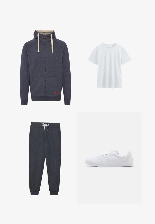 Heren hooded zip-up sweatshirt in donkergrijs fleece. Kenmerken zijn crèmekleurige trekkoorden, voorzakken en een klein bruin leren logo-patch.; Effen wit T-shirt van katoen met korte mouwen en een ronde hals, met een losse pasvorm, weergegeven op een witte achtergrond.; Donkergrijze sweatpants van zacht materiaal, met een elastische tailleband en witte trekkoord, voortassen en geribbelde manchetten.; Witte canvas sneakers met een rubberen zool, voorzien van zes oogjes, een gestructureerde neuskap en een minimalistisch ontwerp.