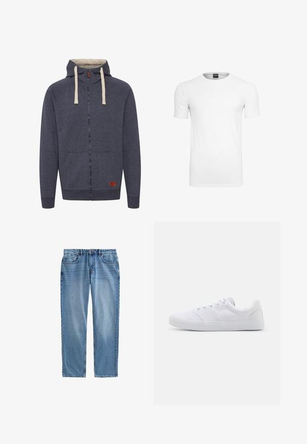 Heren hooded zip-up sweatshirt in donkergrijs fleece. Kenmerken zijn crèmekleurige trekkoorden, voorzakken en een klein bruin leren logo-patch.; Eenvoudig wit T-shirt met korte mouwen en ronde hals, met een zwart label aan de binnenkant van de kraag tegen een witte achtergrond.; Lichtblauwe denim jeans met een rechte pasvorm, vijf zakken, zichtbare naden en een ritsluiting. Geen slijtage of patronen aanwezig.; Witte canvas sneakers met een rubberen zool, voorzien van zes oogjes, een gestructureerde neuskap en een minimalistisch ontwerp.