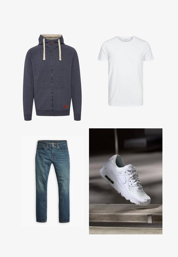 Heren hooded zip-up sweatshirt in donkergrijs fleece. Kenmerken zijn crèmekleurige trekkoorden, voorzakken en een klein bruin leren logo-patch.; Ronde hals kortemouwen t-shirt in effen wit, gemaakt van zachte katoen, heeft een eenvoudig ontwerp zonder zichtbare patronen of accenten.; Blauwe recht gesneden denim jeans met voorzakken, riemlussen en een knoop- en ritsluiting op een witte achtergrond.; Witte Nike Air Max 90 sneaker met een bovenwerk van mesh en leer, een geperforeerde teenbox en een zichtbare luchtunit in de hiel.