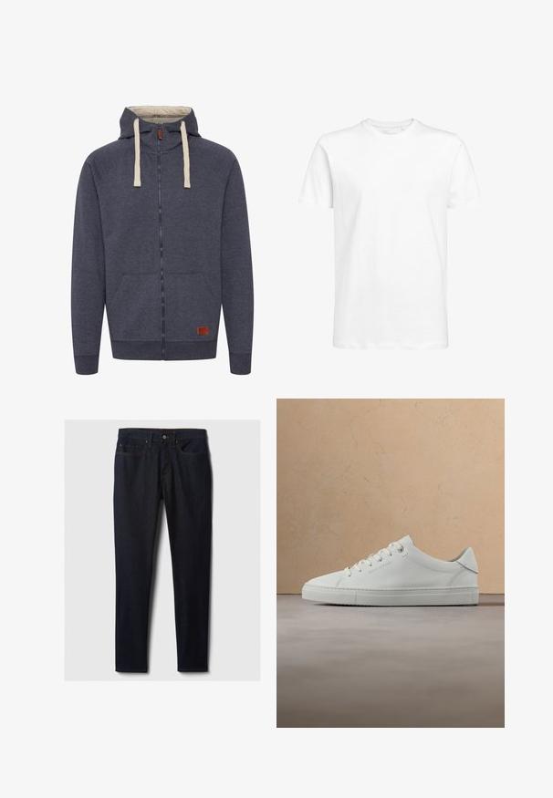 Heren hooded zip-up sweatshirt in donkergrijs fleece. Kenmerken zijn crèmekleurige trekkoorden, voorzakken en een klein bruin leren logo-patch.; Witte t-shirt met korte mouwen van katoen, met een ronde halslijn en een standaard pasvorm. Eenvoudig ontwerp, zonder patronen of zichtbare accenten.; Donkerblauwe denim jeans met een recht gesneden ontwerp, voorzien van zijzakken, een metalen knoopsluiting en contrasterende gele stiksel.; Witte leren lage sneaker met veters, zwevend boven een beige vloerkleed met textuur, vlakbij een ronde houten salontafel met boeken.