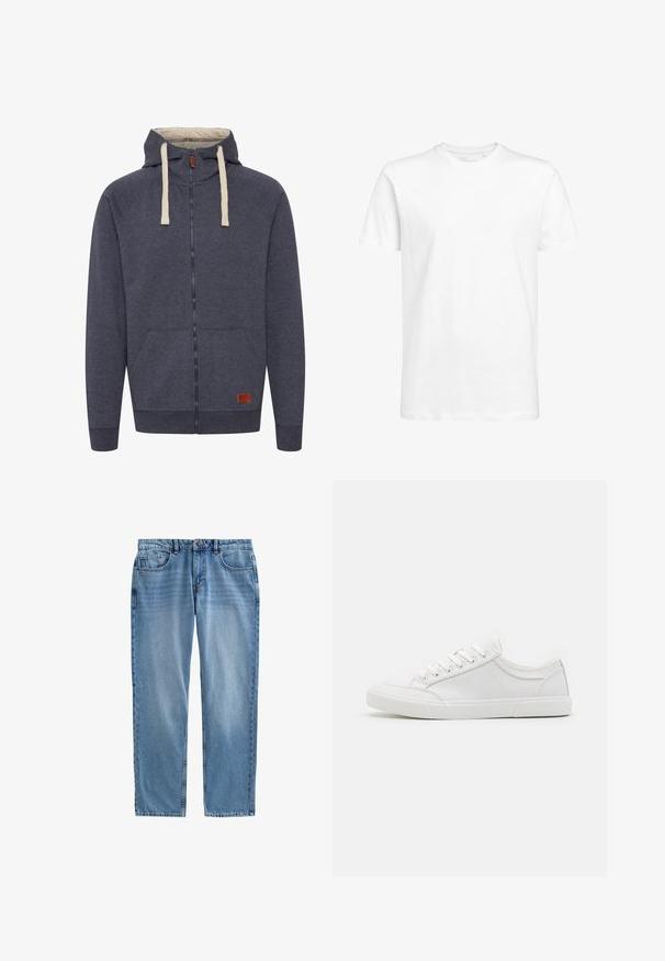 Heren hooded zip-up sweatshirt in donkergrijs fleece. Kenmerken zijn crèmekleurige trekkoorden, voorzakken en een klein bruin leren logo-patch.; Witte t-shirt met korte mouwen van katoen, met een ronde halslijn en een standaard pasvorm. Eenvoudig ontwerp, zonder patronen of zichtbare accenten.; Lichtblauwe denim jeans met een rechte pasvorm, vijf zakken, zichtbare naden en een ritsluiting. Geen slijtage of patronen aanwezig.; Witte sneakers met een glad leren bovenwerk, ronde neus, platte rubberen zool en zes oogjes voor veters. Subtiele stikseldetails, minimalistisch ontwerp.