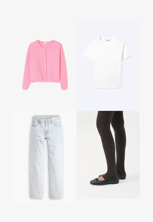 Cárdigan de punto rosa con un escote redondo, mangas largas y botones en la parte delantera. Textura suave, dobladillo ajustado y un diseño clásico.; Camiseta blanca lisa de manga corta con cuello redondo y una pequeña etiqueta "WEEKDAY" dentro del cuello, mostrada extendida sobre un fondo claro.; Jeans de mezclilla de pierna recta en azul claro con una cintura alta, que presentan cinco bolsillos, un cierre frontal de botón y detalles de costura visibles.; Piernas con leggings oscuros acanalados combinados con bailarinas negras que presentan pequeños detalles de lazo sobre un fondo blanco.