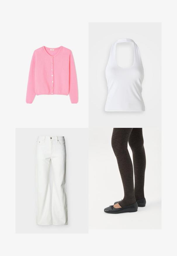 Cárdigan de punto rosa con un escote redondo, mangas largas y botones en la parte delantera. Textura suave, dobladillo ajustado y un diseño clásico.; Top halter blanco con escote redondeado, hecho de una tela suave y elástica. Presenta un diseño minimalista sin adornos ni patrones.; Vaqueros blancos de talle alto y pierna recta con botón frontal, cierre de cremallera y bolsillos laterales y traseros, sobre un fondo liso y claro.; Piernas con leggings oscuros acanalados combinados con bailarinas negras que presentan pequeños detalles de lazo sobre un fondo blanco.