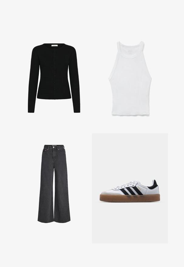 Cárdigan negro de canalé con cuello redondo, mangas largas y cierre delantero de botones. La tela tiene una textura suave y un diseño ajustado.; Camiseta de tirantes blanca con canalé, cuello alto y silueta ajustada, colocada plana sobre un fondo blanco.; Vaqueros negros de tiro alto y pierna ancha con cierre frontal de botón y cremallera, bolsillos delanteros y dobladillos deshilachados.; Zapatillas de cuero blancas con rayas negras, suela de goma, puntera redonda, cierre de cordones y caperuza de ante gris suave.