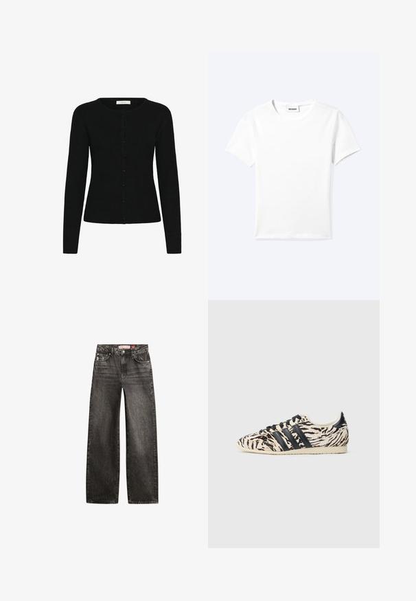 Cárdigan negro de canalé con cuello redondo, mangas largas y cierre delantero de botones. La tela tiene una textura suave y un diseño ajustado.; Camiseta blanca lisa de manga corta con cuello redondo y una pequeña etiqueta "WEEKDAY" dentro del cuello, mostrada extendida sobre un fondo claro.; Vaqueros de denim negro lavado con pierna recta, bolsillos delanteros, trabillas para cinturón y etiqueta de marca en la cintura.; Zapatillas Adidas con un patrón de rayas de tigre, que presentan una textura beige y negra similar a la piel, sobre una suela de goma color crema con cordones y rayas negras.