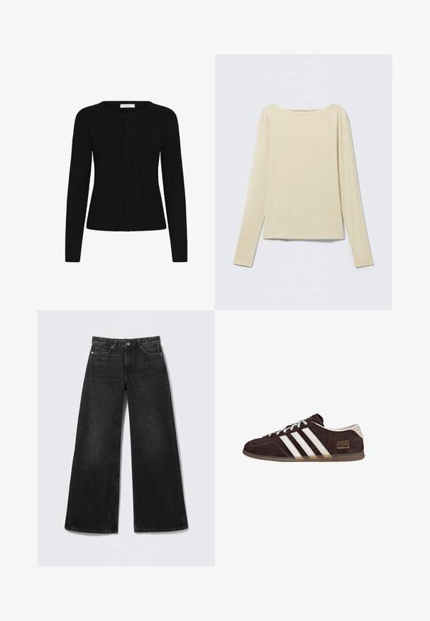 Čierny rebrovaný kardigán s okrúhlym výstrihom, dlhými rukávmi a zapínaním na gombíky. Tkanina má hladkú textúru a priliehavý strih.; Béžový priliehavý top s dlhým rukávom a lodičkovým výstrihom, položený na svetlom pozadí.; Čierne džínsové nohavice so širokými nohavicami, piatimi vreckami a zapínaním na gombík, zobrazené na svetlom pozadí.; Hnedé semišové tenisky s tromi bielymi pruhmi, gumovou podrážkou a textovou nálepkou s nápisom "Gazelle" v zlatej farbe. Šnurovacie sivošedé šnúrky.