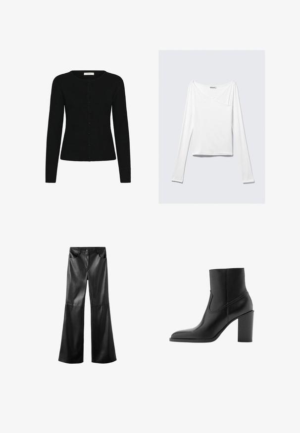 Cárdigan negro de canalé con cuello redondo, mangas largas y cierre delantero de botones. La tela tiene una textura suave y un diseño ajustado.; Top blanco de manga larga con diseño cruzado y un bolsillo. Fabricado en una tela suave y elástica. Con un corte casual y relajado.; Pantalones negros de piel sintética con piernas anchas acampanadas, cierre frontal con botón y cremallera, trabillas para cinturón y bolsillos delanteros.; Botín de piel negra con punta puntiaguda y tacón alto y grueso, acabado liso y detalle de costura mínima en el lateral.