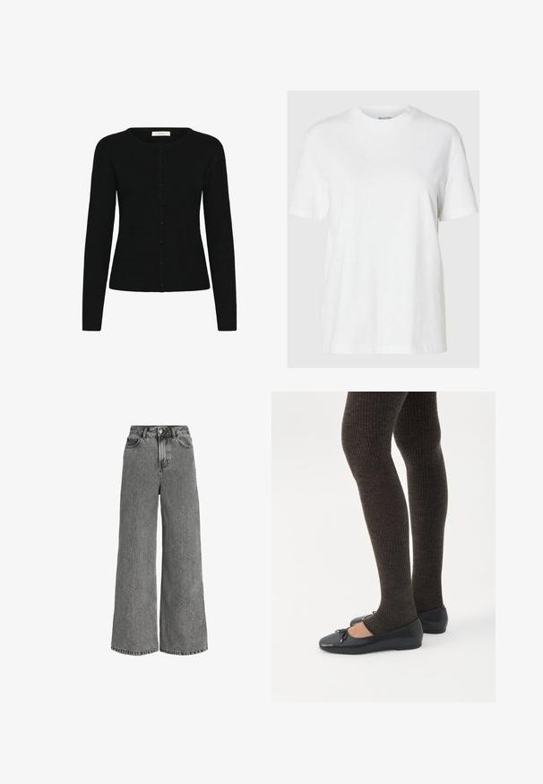Cárdigan negro de canalé con cuello redondo, mangas largas y cierre delantero de botones. La tela tiene una textura suave y un diseño ajustado.; Camiseta de algodón blanca con mangas cortas y escote redondo. Presenta un corte relajado y un diseño minimalista sin patrones ni acentos.; Vaqueros de mezclilla gris de tiro alto con pierna ancha, cierre frontal con botones y cremallera, y diseño de cinco bolsillos.; Piernas con leggings oscuros acanalados combinados con bailarinas negras que presentan pequeños detalles de lazo sobre un fondo blanco.