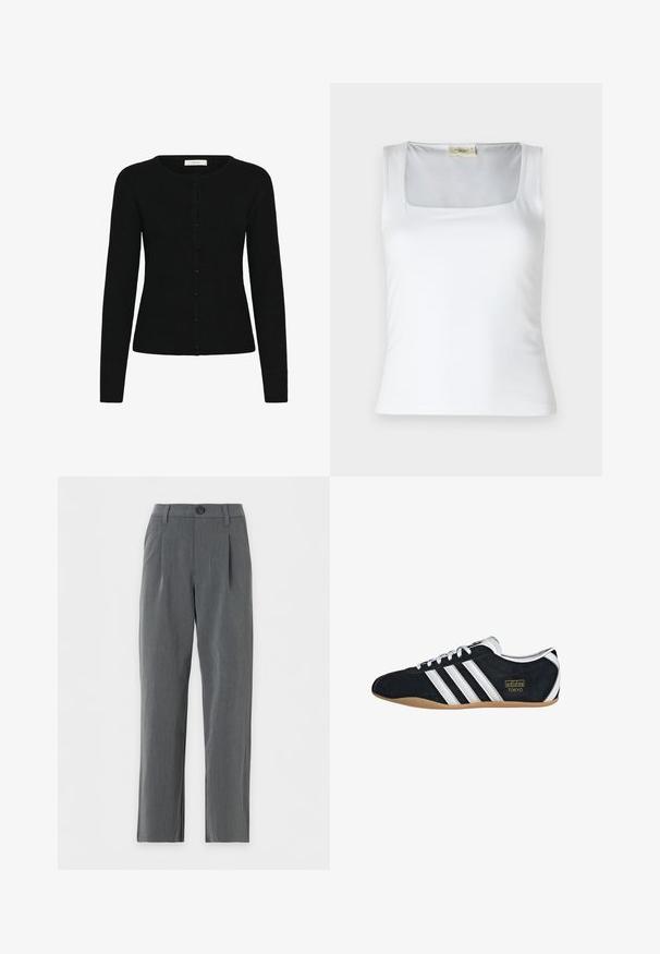 Mustra musta soonik kaelusega kardigan, millel on pikad varrukad ja nupuga esiosa. Kanga tekstuur on sile ja istuv disain.; Valge ruudukujulise kaelusega tank top, mis on valmistatud siledast kangast. Omab laiad rihmad ja istuvat siluetti. Pole nähtavaid mustreid ega kaunistusi.; Sirge lõikega hallid püksid vööaasadega, esikinnitus nööpidega ja voltidega vöökoha lähedal valgel taustal.; Must musta tennisjalanikesed valgete kolme triibuga, kuldse logo ja pruuni kummitaldiga. Omab madalat sidumise disaini.